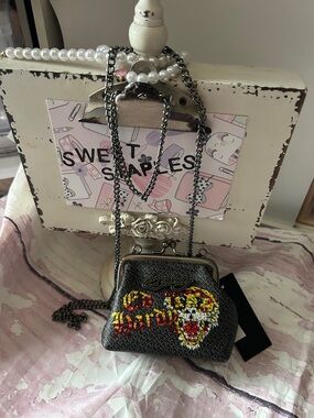 Ed Hardy Black Mini Crossbody Bag with Red & Yellow Embellished Skull